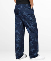 Side view of navy blue camo cargo pants, displaying the intricate camo pattern and utilitarian pocket design, ideal for a functional yet stylish outfit.