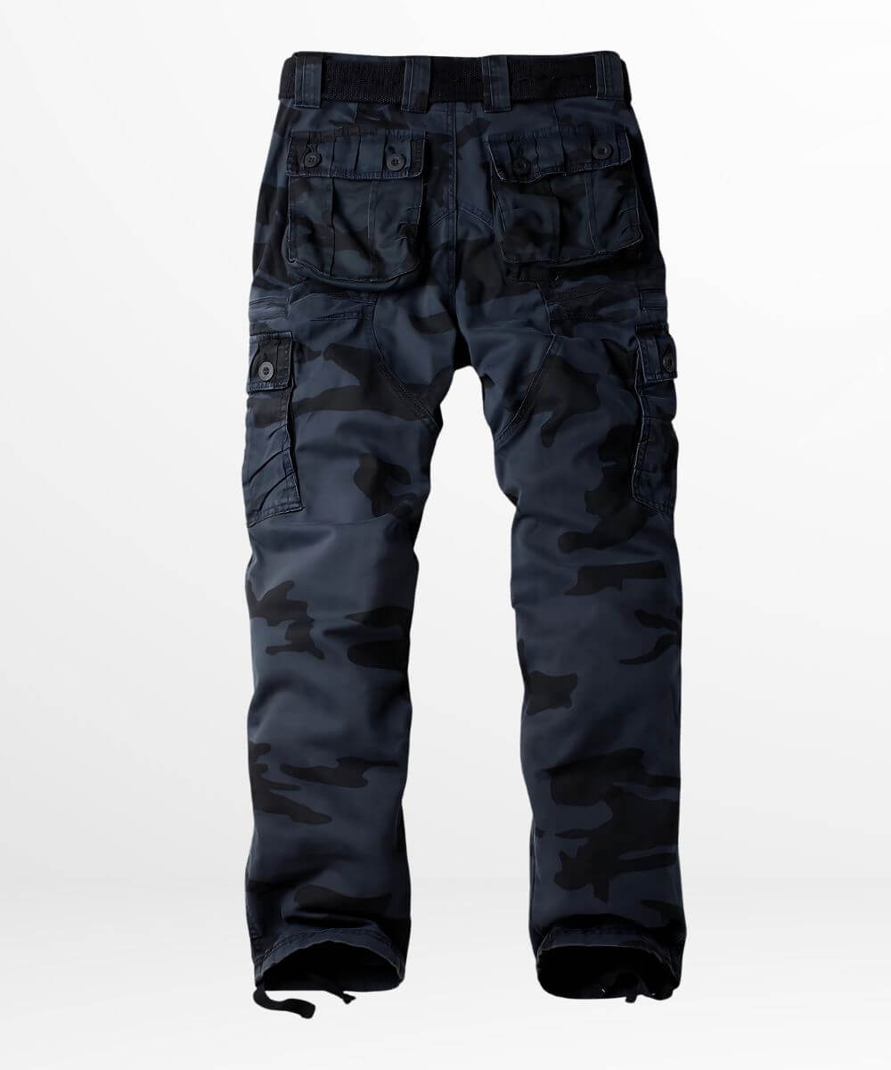 Back view of navy blue camo cargo pants showing the detailed pocket design and fit.