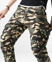 Side view of men's skinny camo cargo pants showing detailed cargo pocket