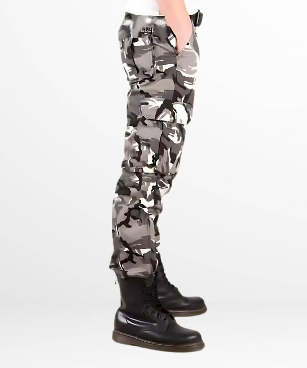 Side view of men wearing white and black camo cargo pants, highlighting the cargo pockets.