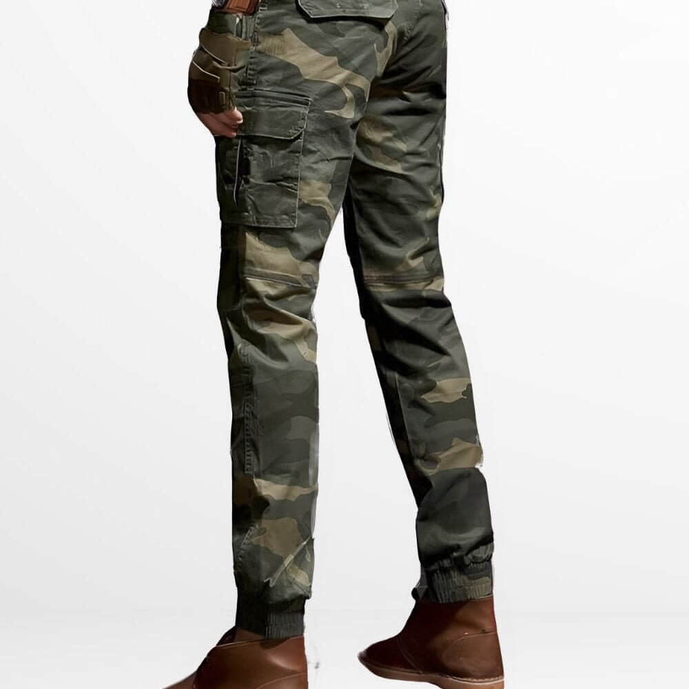 Side view of Slim Camo Cargo Pants Mens highlighting the cargo pocket detail and a slim silhouette.