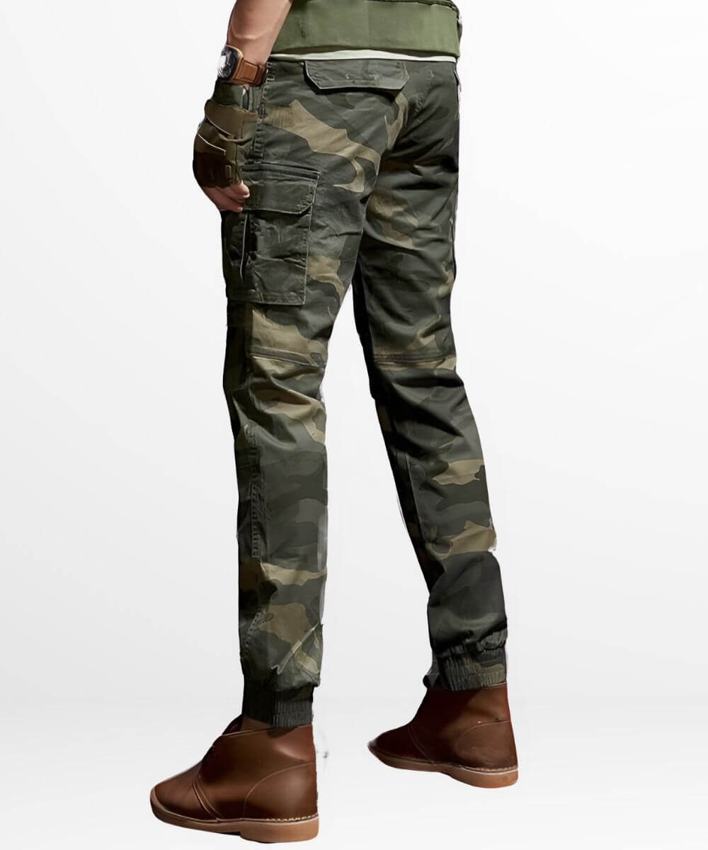 Side view of Slim Camo Cargo Pants Mens highlighting the cargo pocket detail and a slim silhouette.