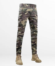 Trendy slim cargo camo pants with military-style design and tailored fit.