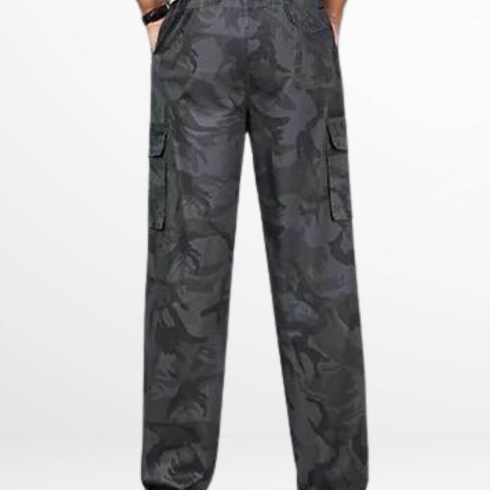 Rear view of stylish dark grey camo pants highlighting the waistband design and back pockets, perfect for a casual outfit.