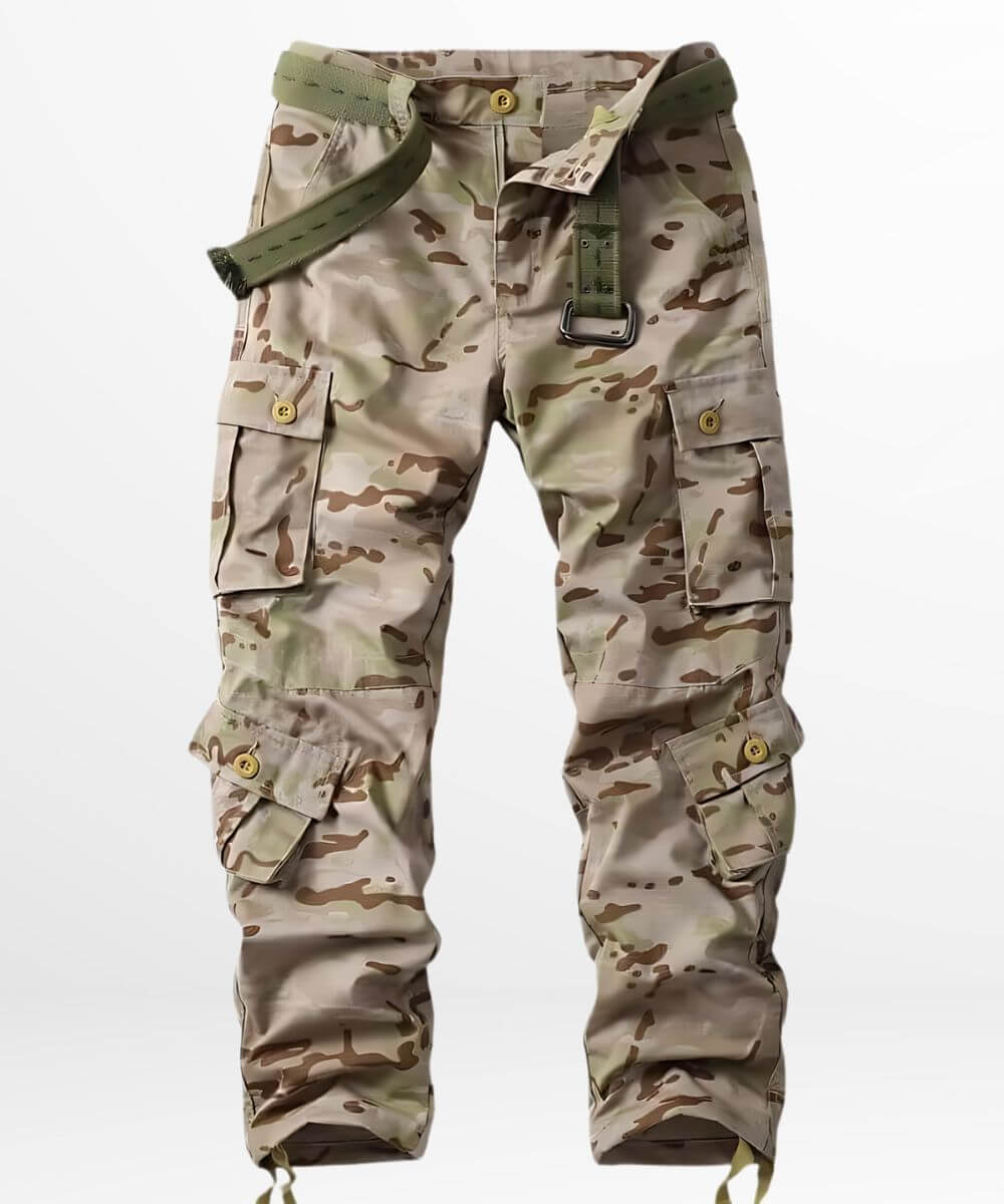Army desert camo pants with a tactical belt and multiple pockets, displaying a durable design for a rugged look.