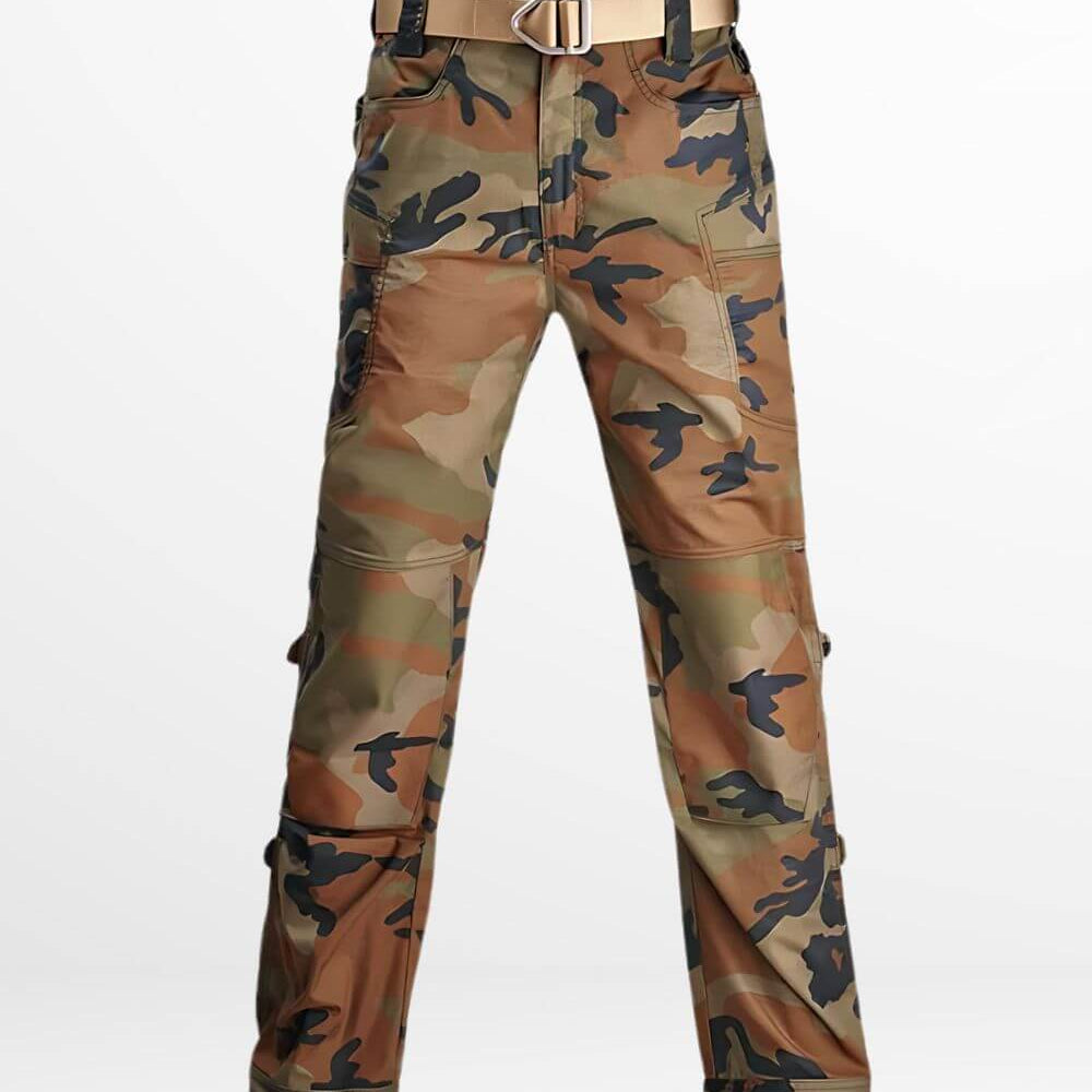 Close-up view of jungle camouflage pants featuring a sleek belt buckle.