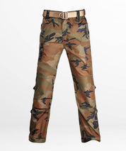 Close-up view of jungle camouflage pants featuring a sleek belt buckle.