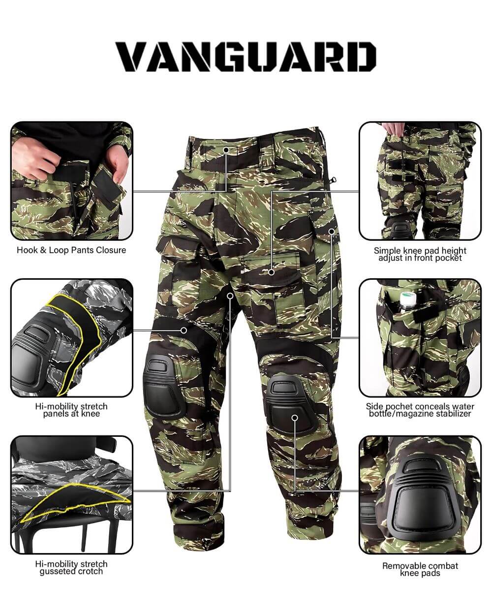 Detailed feature diagram of tiger stripe camo cargo pants, highlighting knee mobility panels, magazine stabilizer pockets, and wear-resisting material for rugged use.