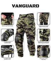 Detailed feature diagram of tiger stripe camo cargo pants, highlighting knee mobility panels, magazine stabilizer pockets, and wear-resisting material for rugged use.