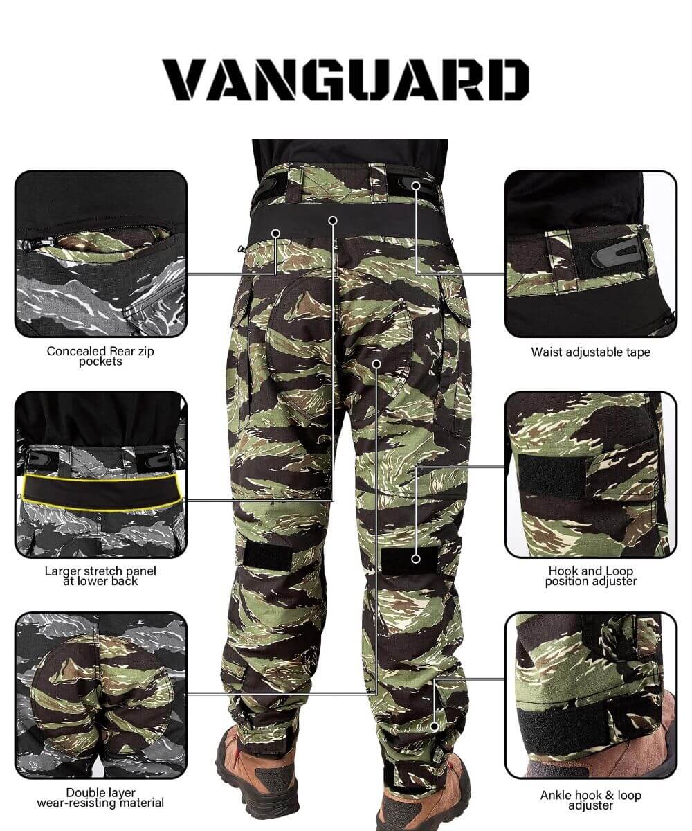 Comprehensive layout of tiger stripe camo cargo pants features, including hook and loop closures, stretch panels, and reinforced construction for tactical efficiency.