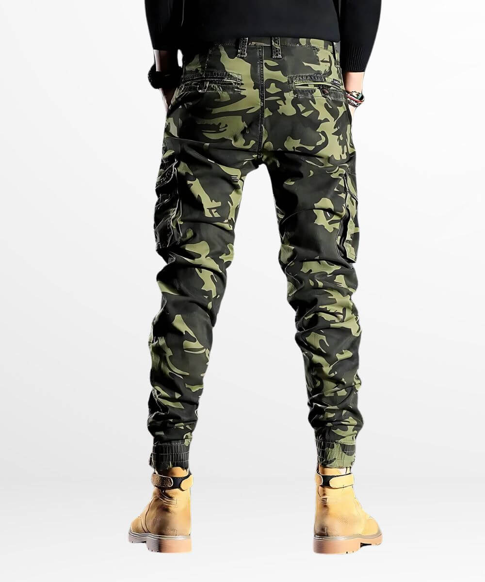 Rear display of trendsetting slim camo cargo pants, accentuating the pocket layout and fit.