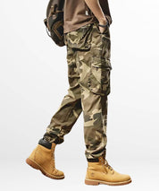 Casual khaki camo pants with a relaxed fit, perfect for comfortable outdoor apparel.