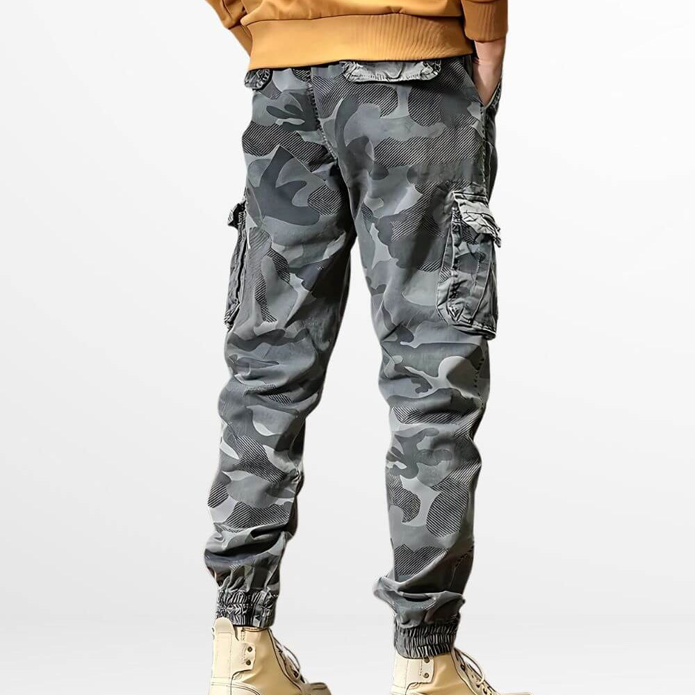 Urban style blue camouflage cargo pants for men, featured with multiple utility pockets.