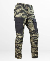 Side view of Vietnam Tiger Stripe camouflage pants featuring contrast black panels and practical cargo pockets.