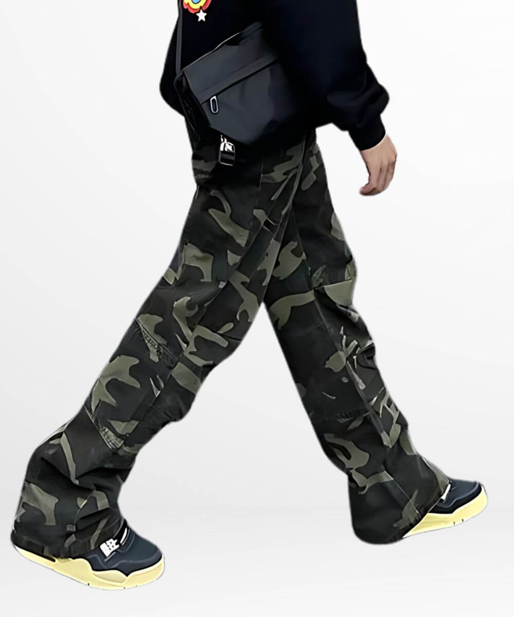 Person walking in stylish flared camo cargo pants, featuring spacious pockets and a comfortable fit.