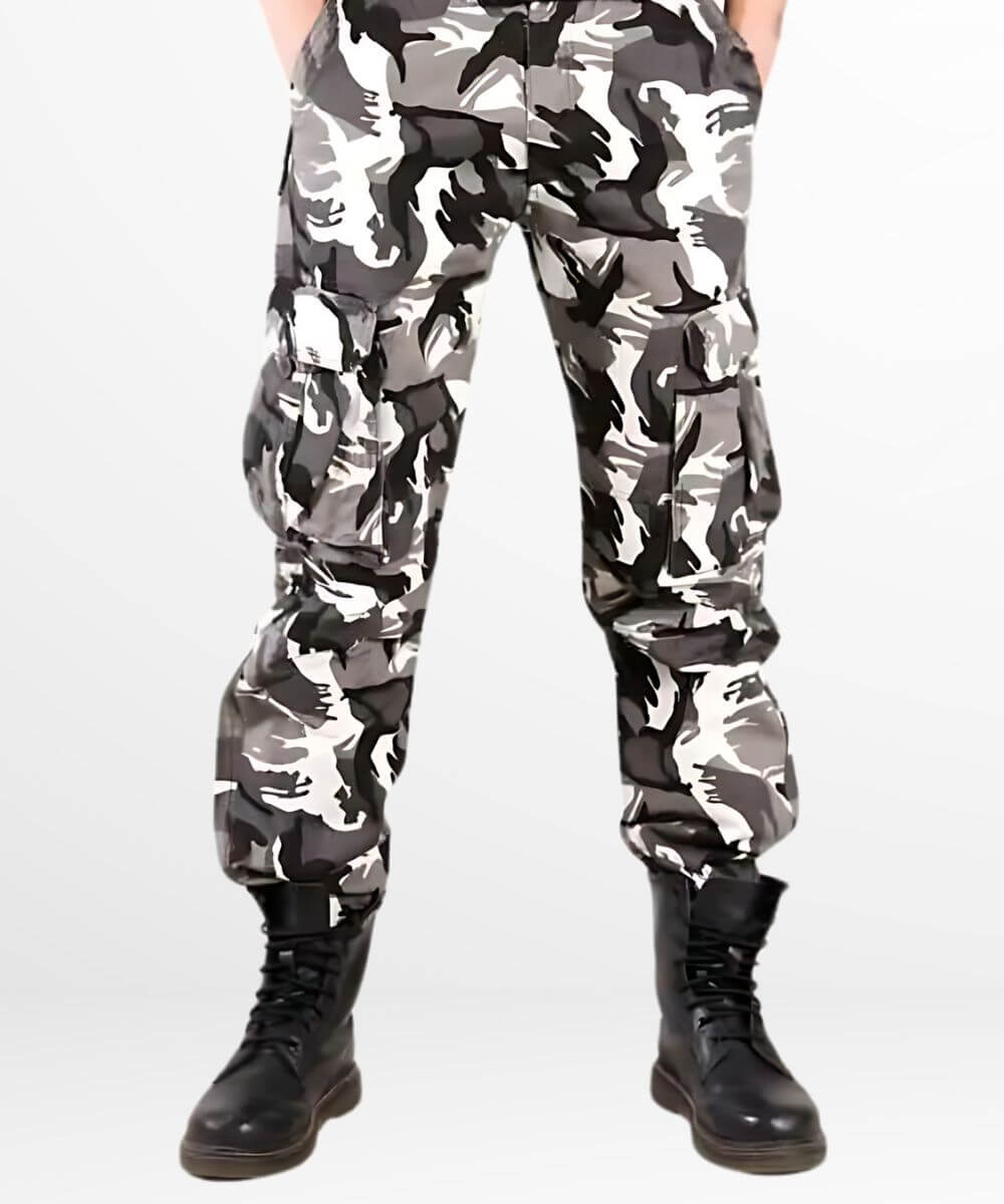 A trendy pair of white and black camo cargo pants paired with classic black boots.