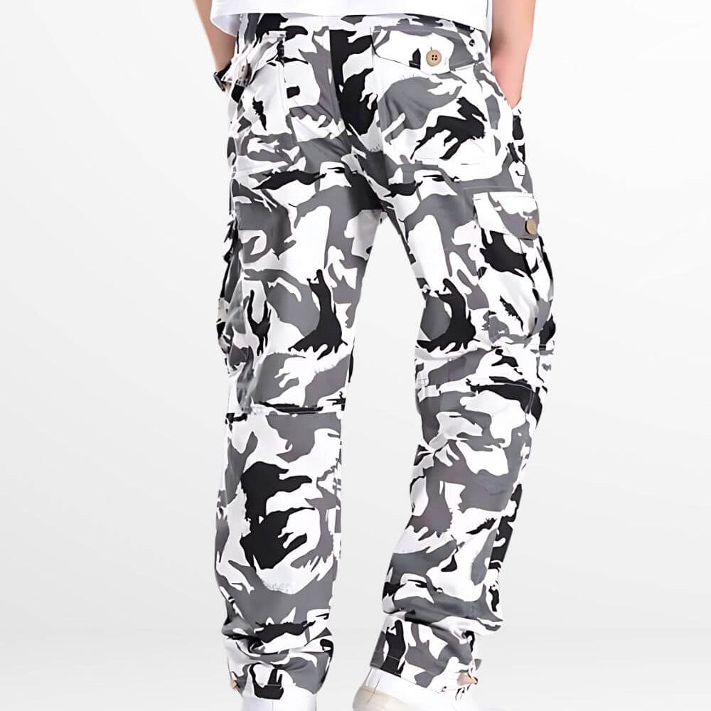 Back view of white camo cargo pants showcasing spacious pockets and a relaxed fit, suitable for both urban and outdoor settings.