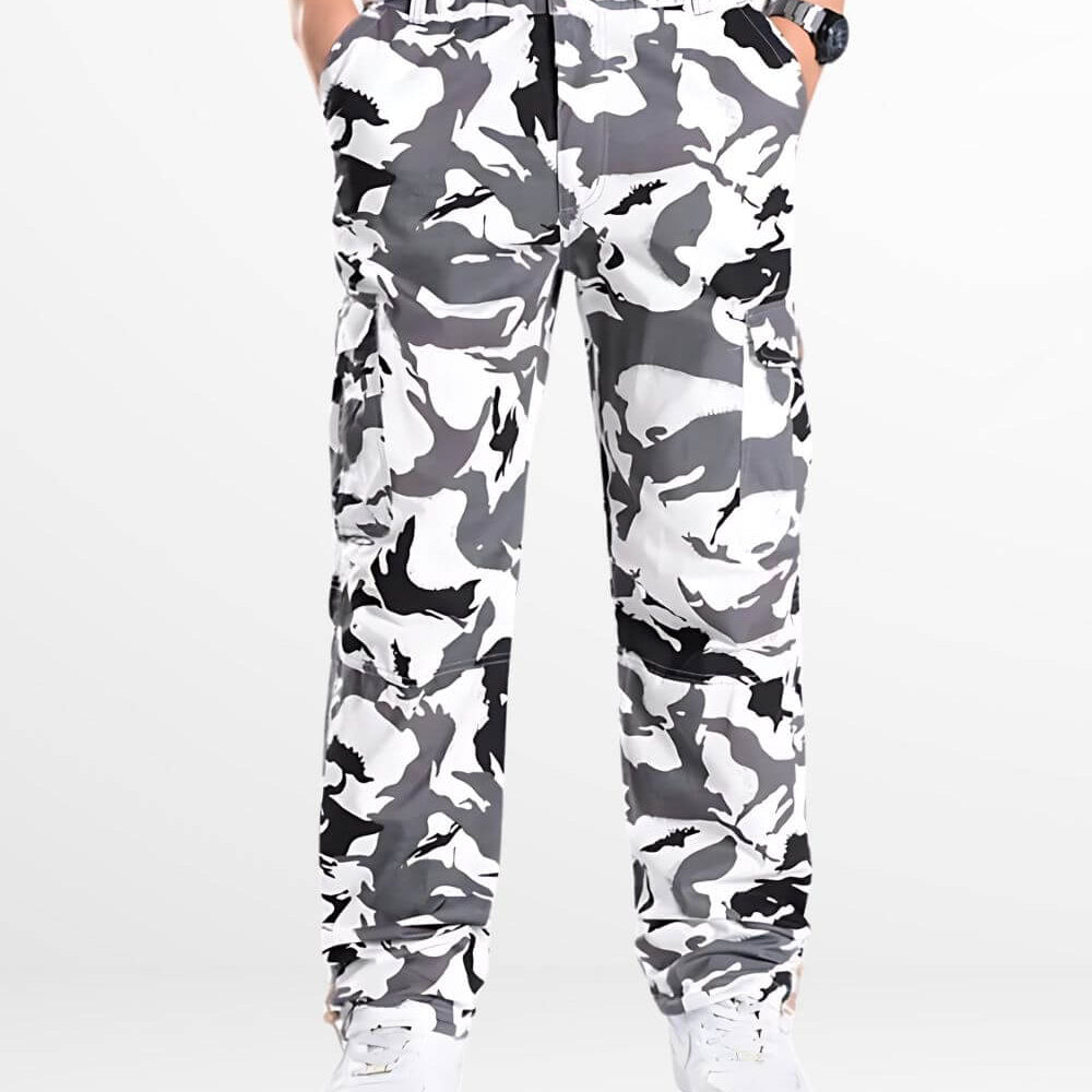 Front view of white camo cargo pants with a slim-fit design, paired with white sneakers, ideal for casual or street wear.