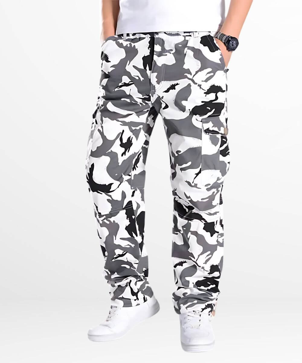 Full outfit display of white camo cargo pants styled with a black t-shirt and white sneakers, perfect for modern casual attire.