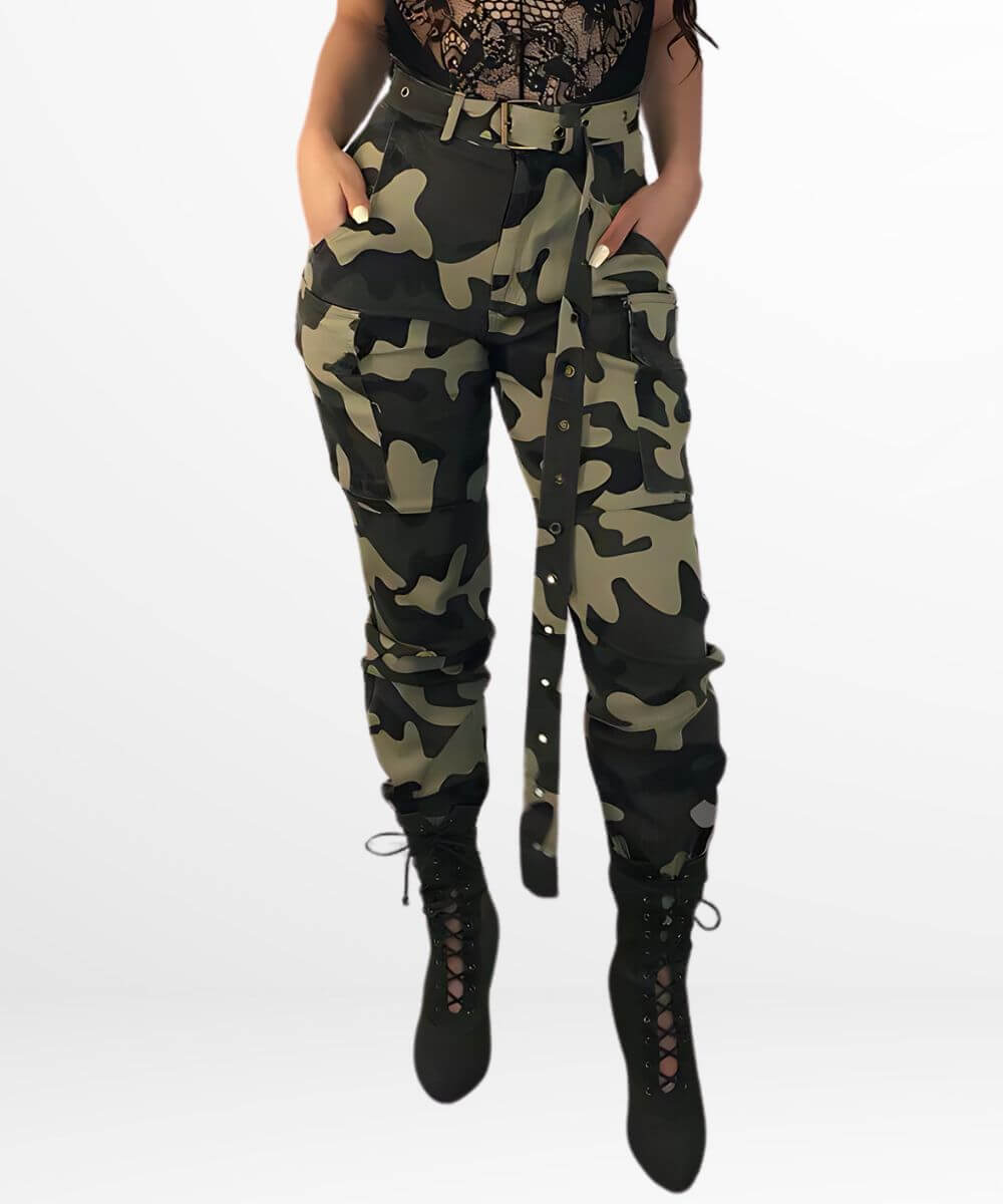 A trendy outfit featuring women's green camo pants paired with black heeled lace-up boots and a black lace top, perfect for a chic, edgy look.