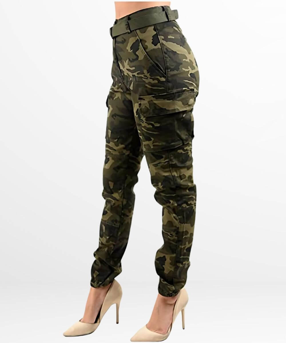 Back view of women's high-waisted camo cargo pants complemented with classic beige high heels, highlighting the fit and pocket details.