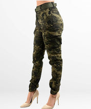 Back view of women's high-waisted camo cargo pants complemented with classic beige high heels, highlighting the fit and pocket details.