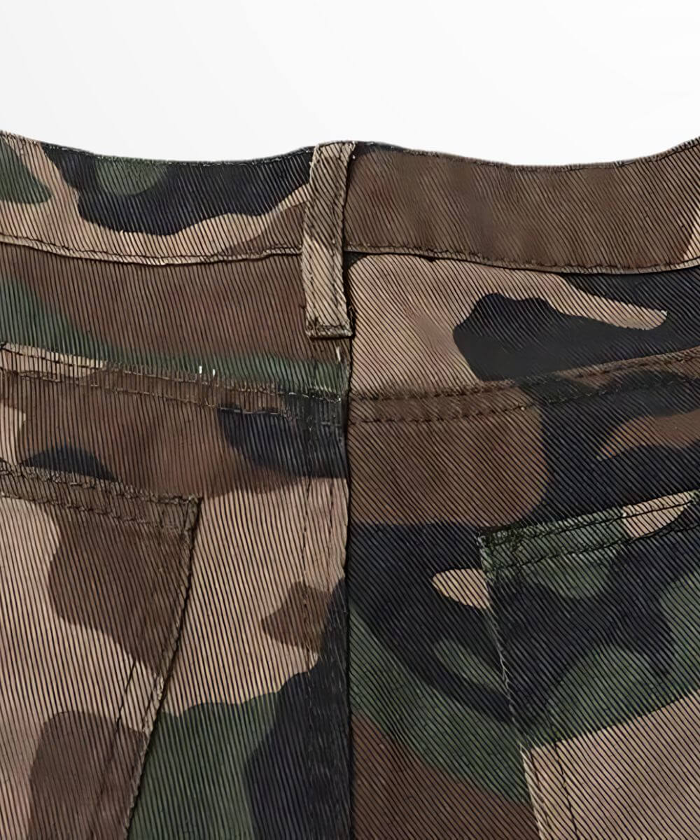 Back view of womens cargo pants camouflage focusing on the rear pocket design and camouflage pattern.