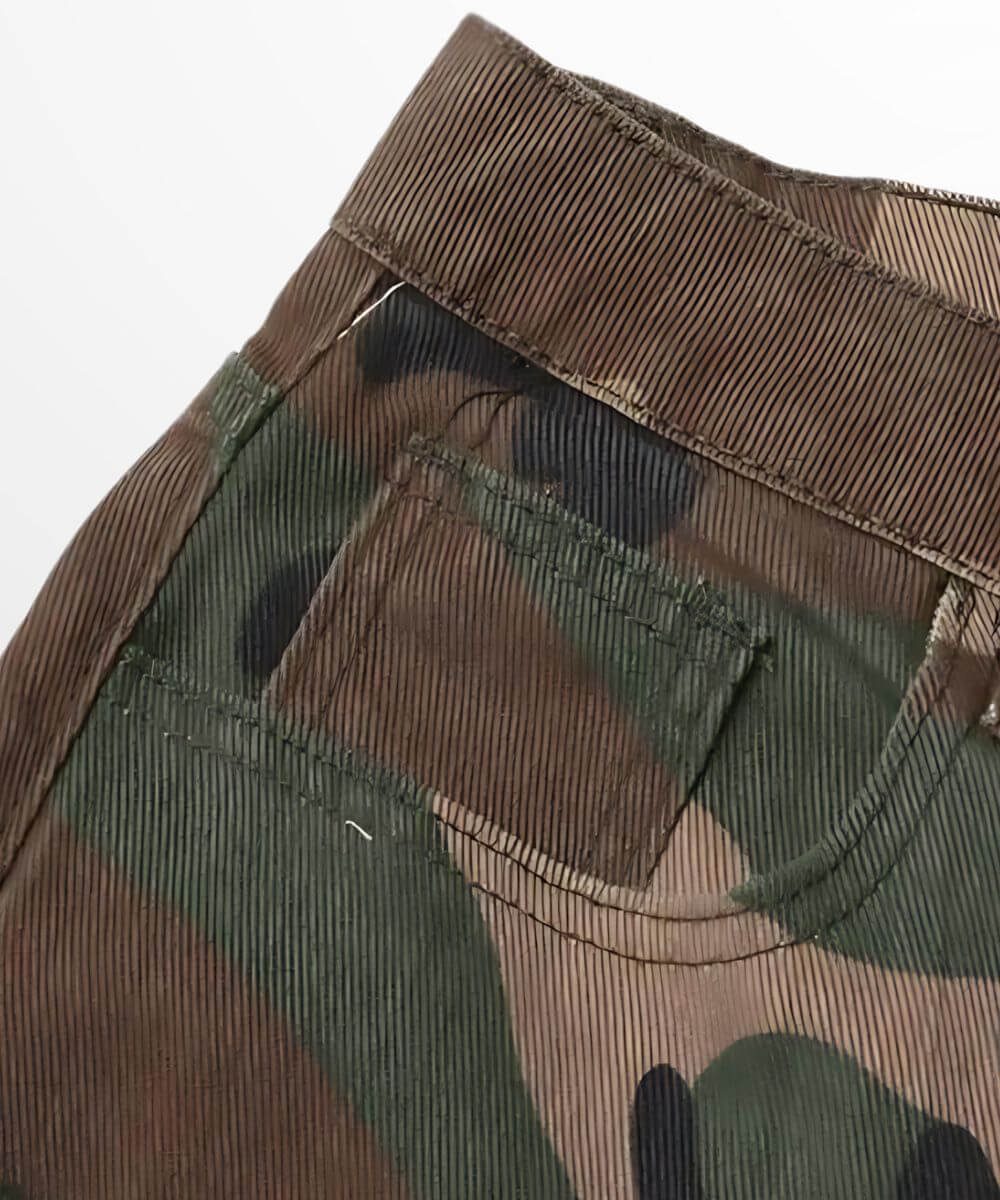 Detailed close-up of womens cargo pants camouflage showing the texture and quality of the fabric.