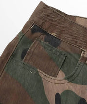 Detailed close-up of womens cargo pants camouflage showing the texture and quality of the fabric.