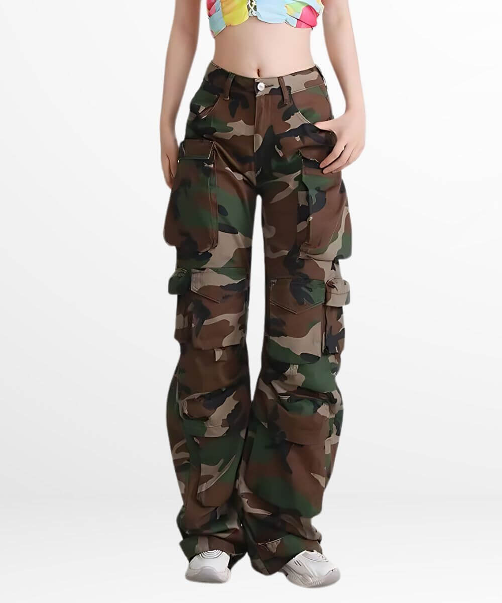 Front view of womens cargo pants camouflage with a relaxed fit and utilitarian pockets.