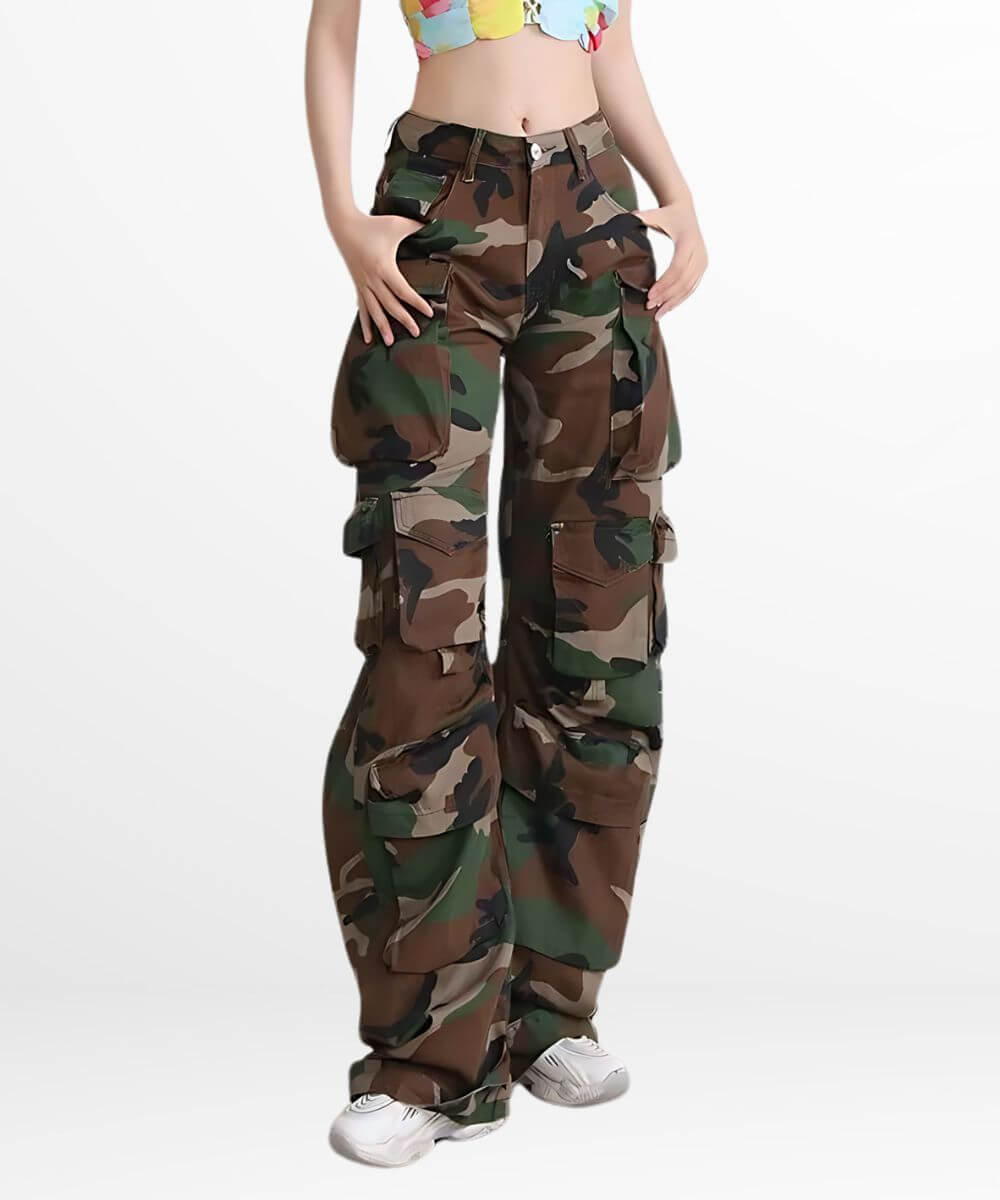 Casual pose in womens cargo pants camouflage, highlighting the loose fit and comfortable design.