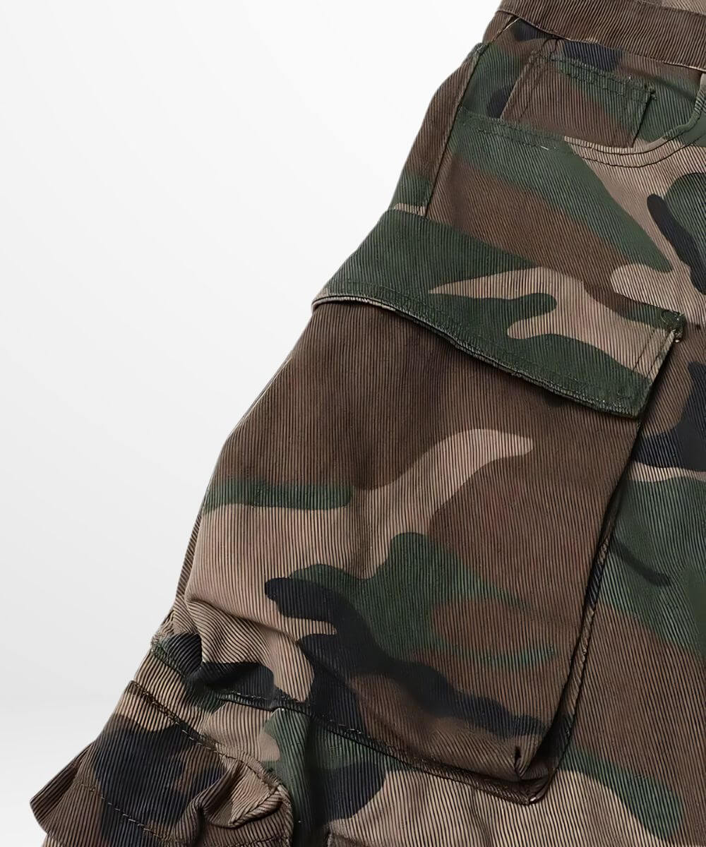 Side angle of womens cargo pants camouflage showing the functional side pockets for storage.
