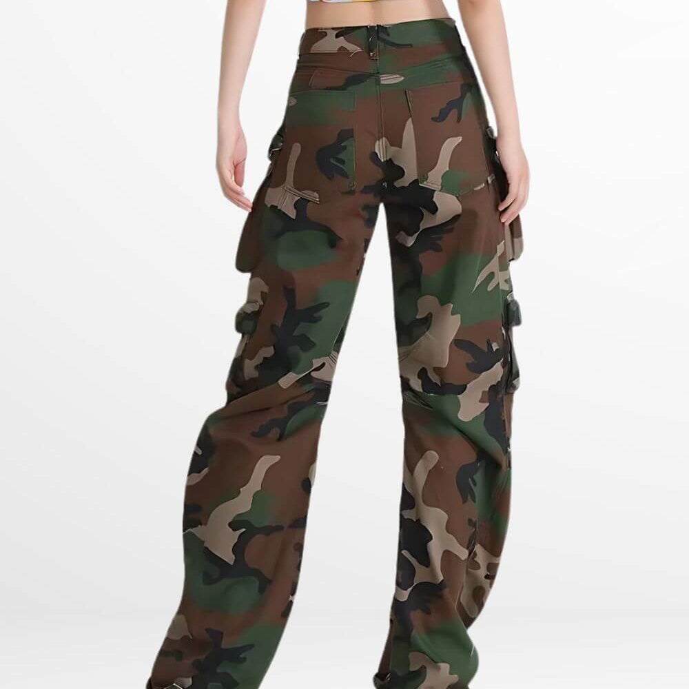Woman wearing womens cargo pants camouflage with a modern style, paired with white sneakers.