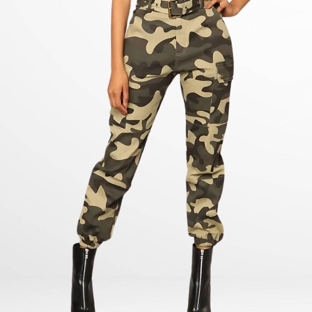 Front view of women's green camo cargo pants paired with stylish black ankle boots.