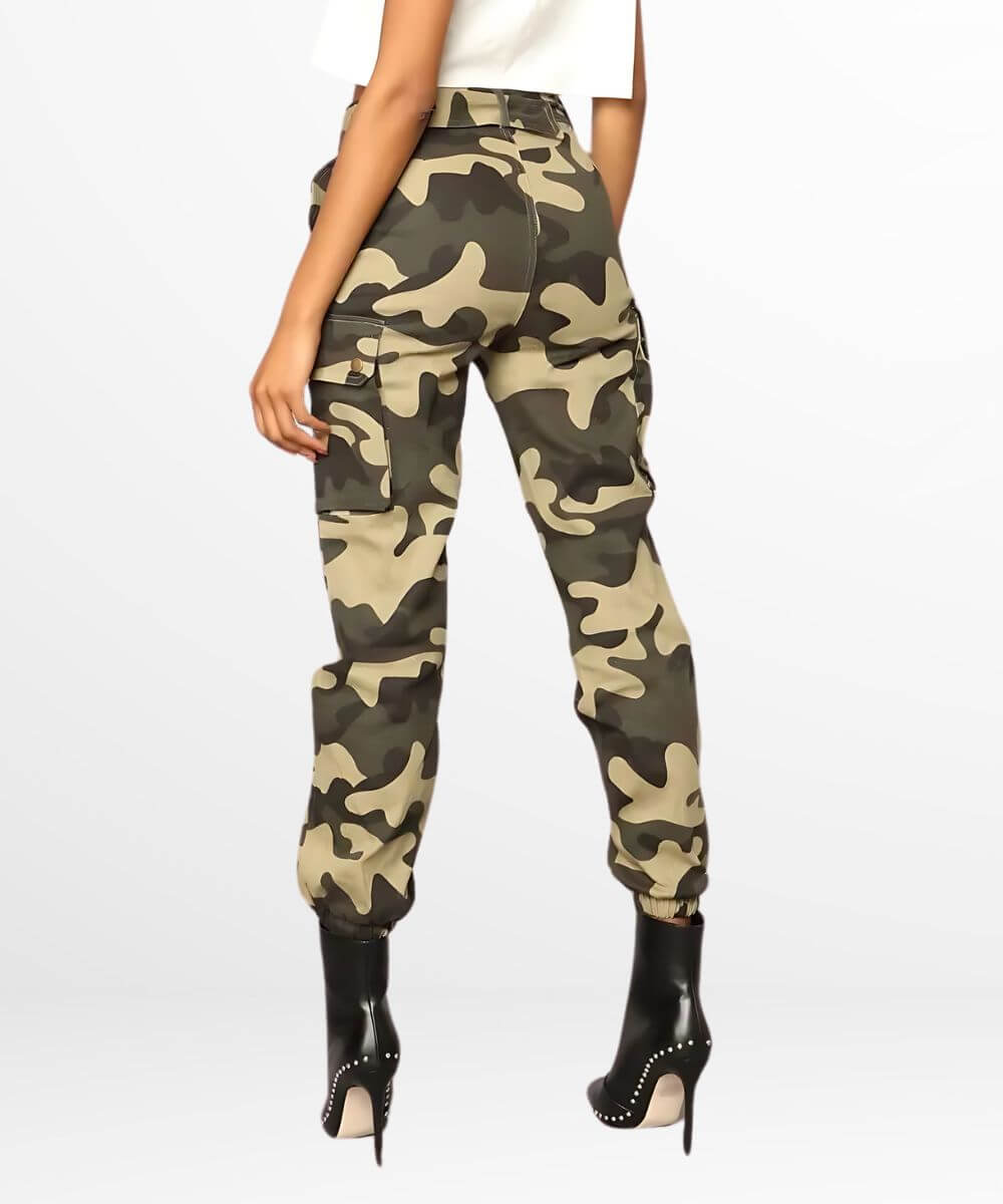 Rear view of women's green camouflage cargo pants, highlighting the fit and pocket details.