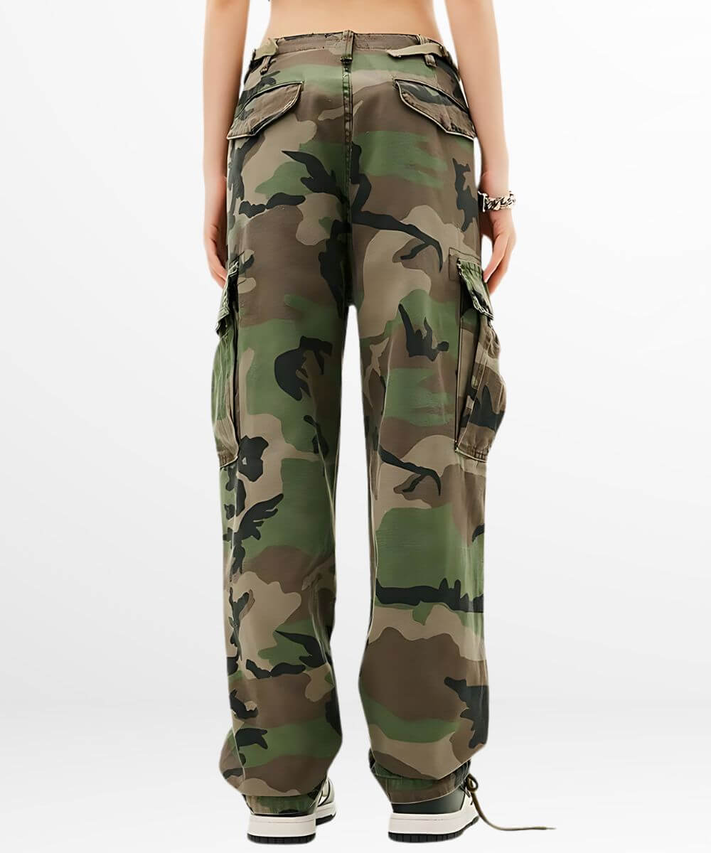 Rear view of women's green camouflage cargo pants showing back pocket design and casual fit.