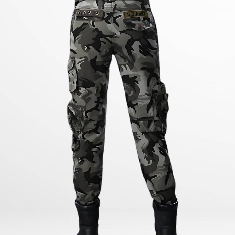 Close-up of the back view of grey camouflage women's cargo pants with U.S. Army patch and flap pockets.