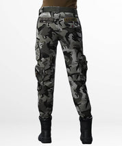 Close-up of the back view of grey camouflage women's cargo pants with U.S. Army patch and flap pockets.