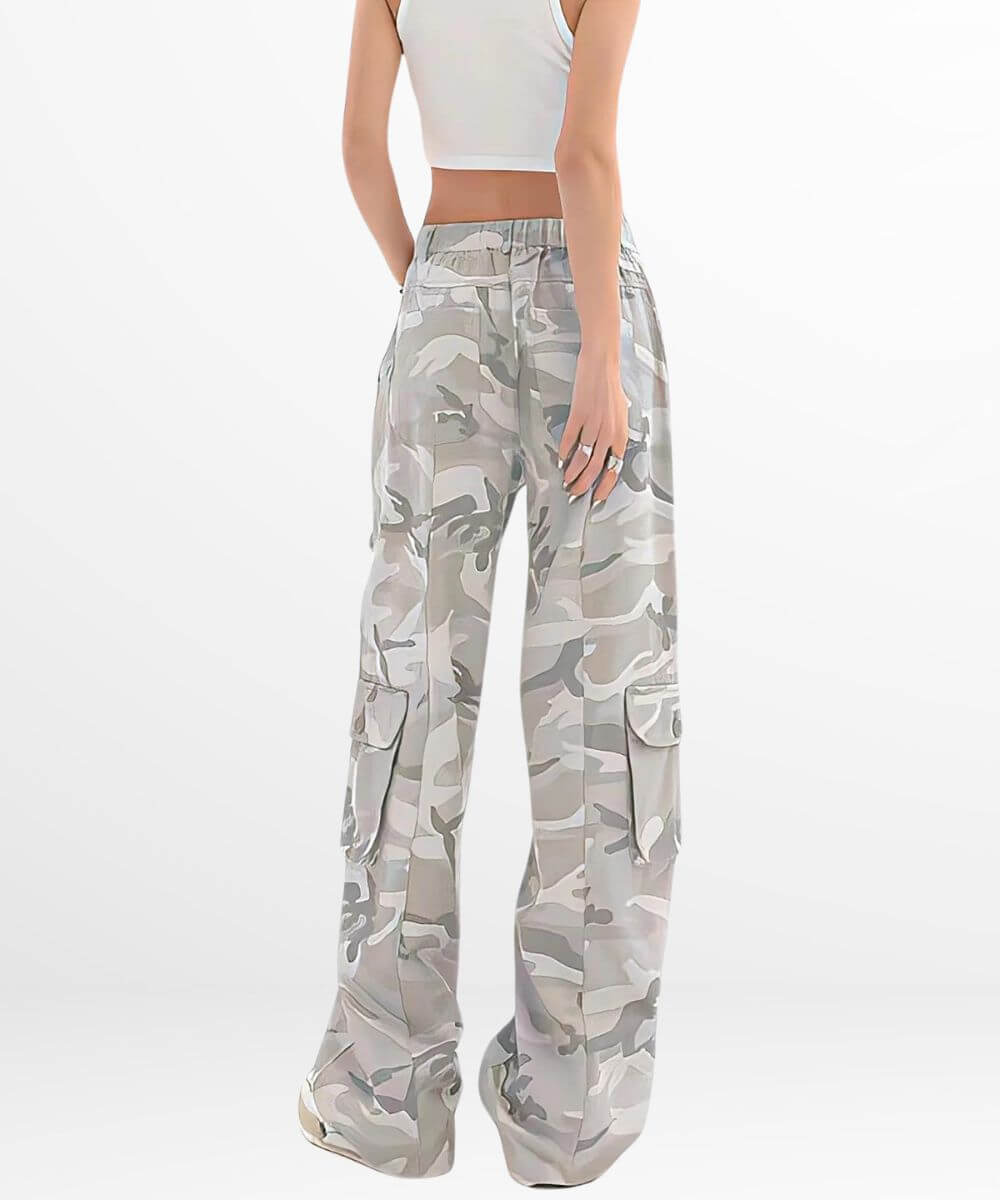 Back view of women's grey camouflage cargo pants highlighting the spacious pockets and comfortable waistband.