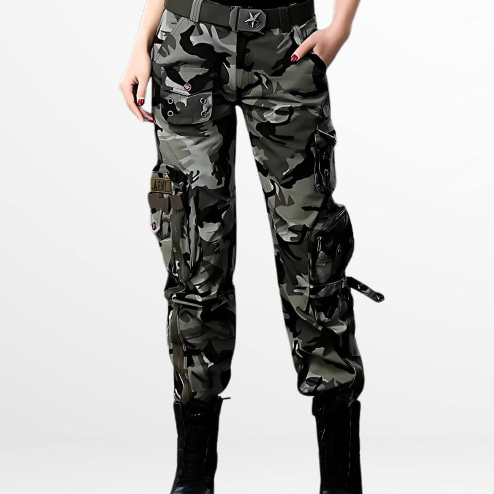 oman wearing stylish grey camouflage cargo pants front view with black boots.