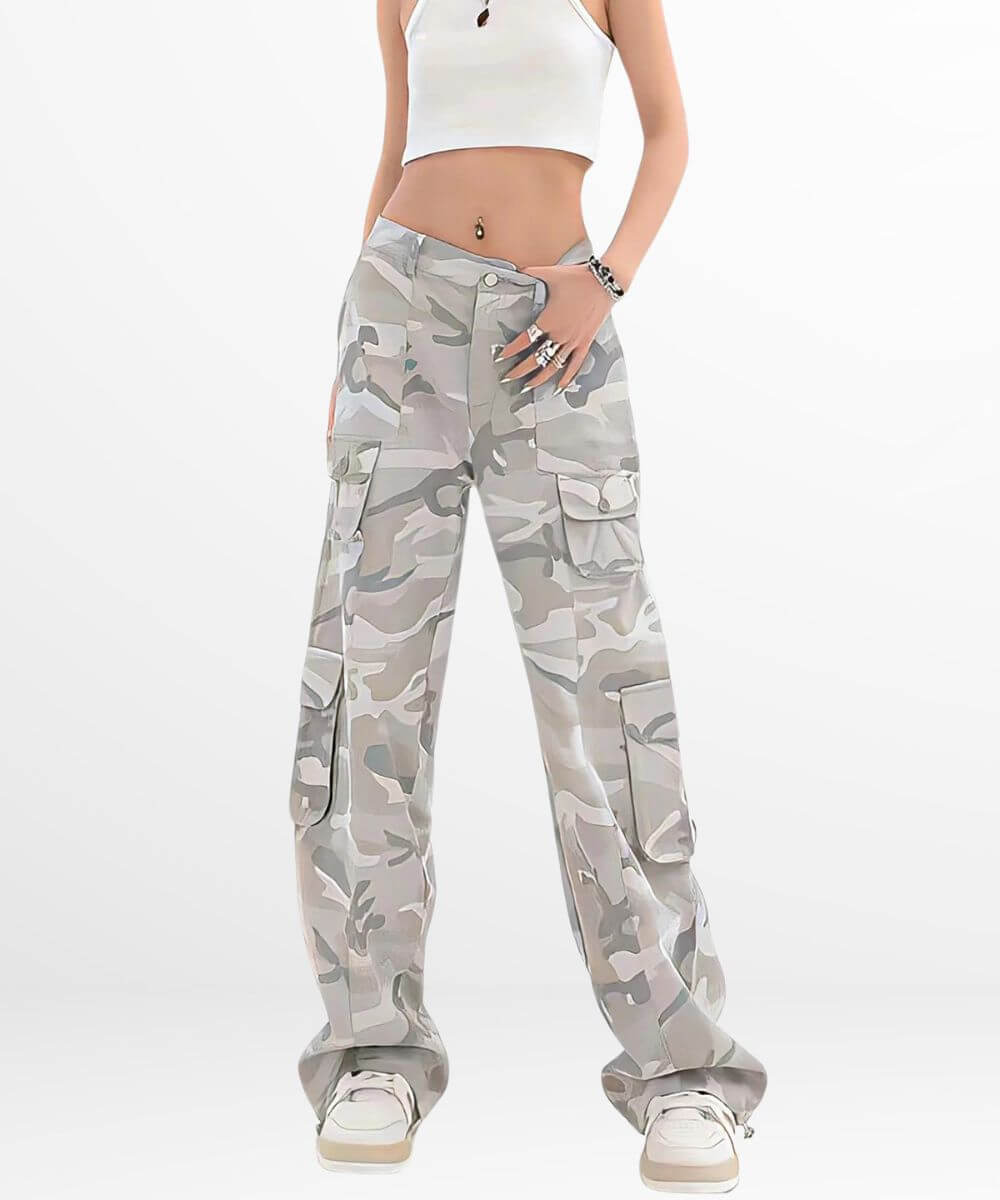 Front view of women's grey camo cargo pants with a relaxed fit and stylish design, paired with a white crop top.
