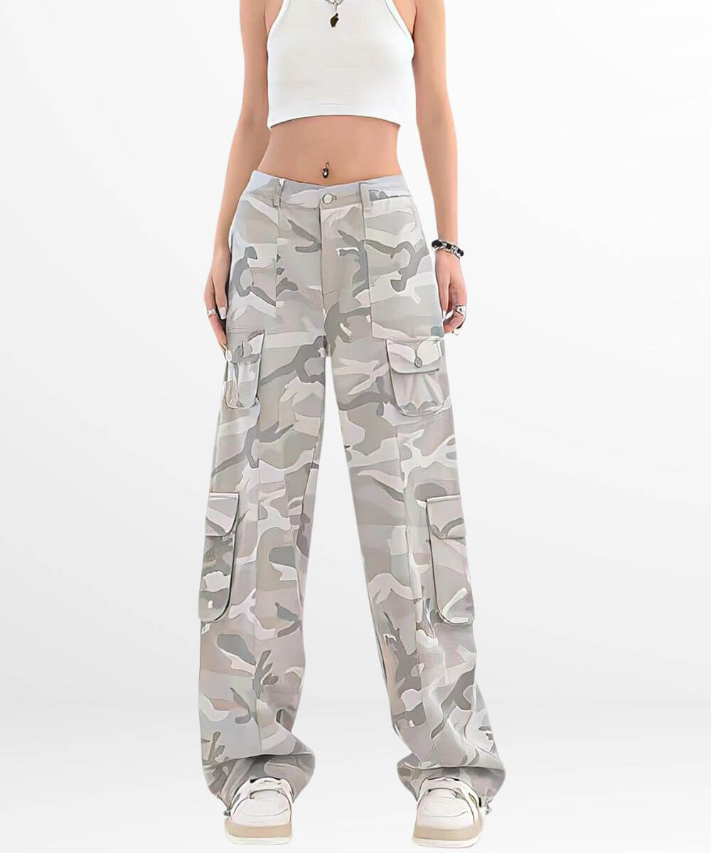 Detail of the waist area of women's grey camo cargo pants, featuring belt loops and a secure button closure.