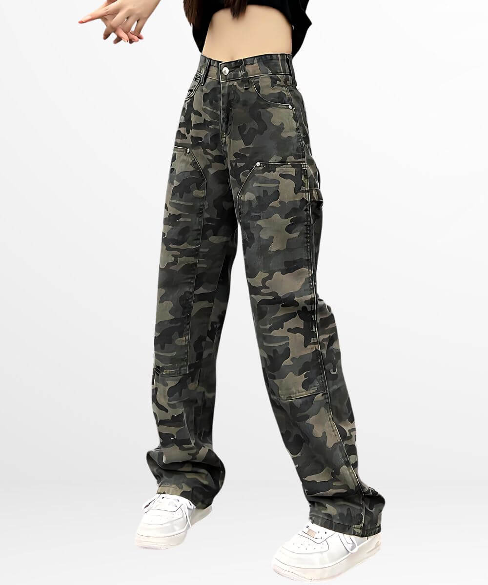Side view of women's high-waisted camo cargo pants showing pocket detail and relaxed fit.