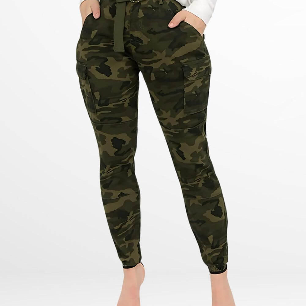 Elegant and modern high-waisted camo cargo pants for women, paired with simple black strap sandals, showcasing a blend of military chic and femininity.