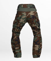 Back view of woodland camo cargo pants with reinforced knee pads and utility pockets, perfect for tactical use or hiking.