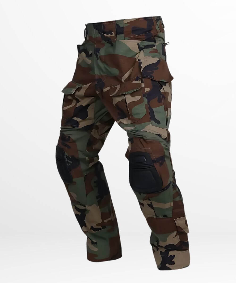 Full profile view of woodland camo cargo pants, emphasizing the practical design and fit for adventure gear.