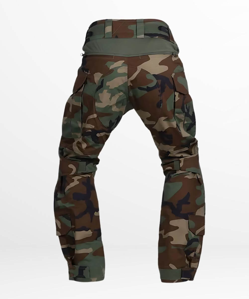 Back view of woodland camo combat pants, emphasizing robust construction and utility pockets for field use.