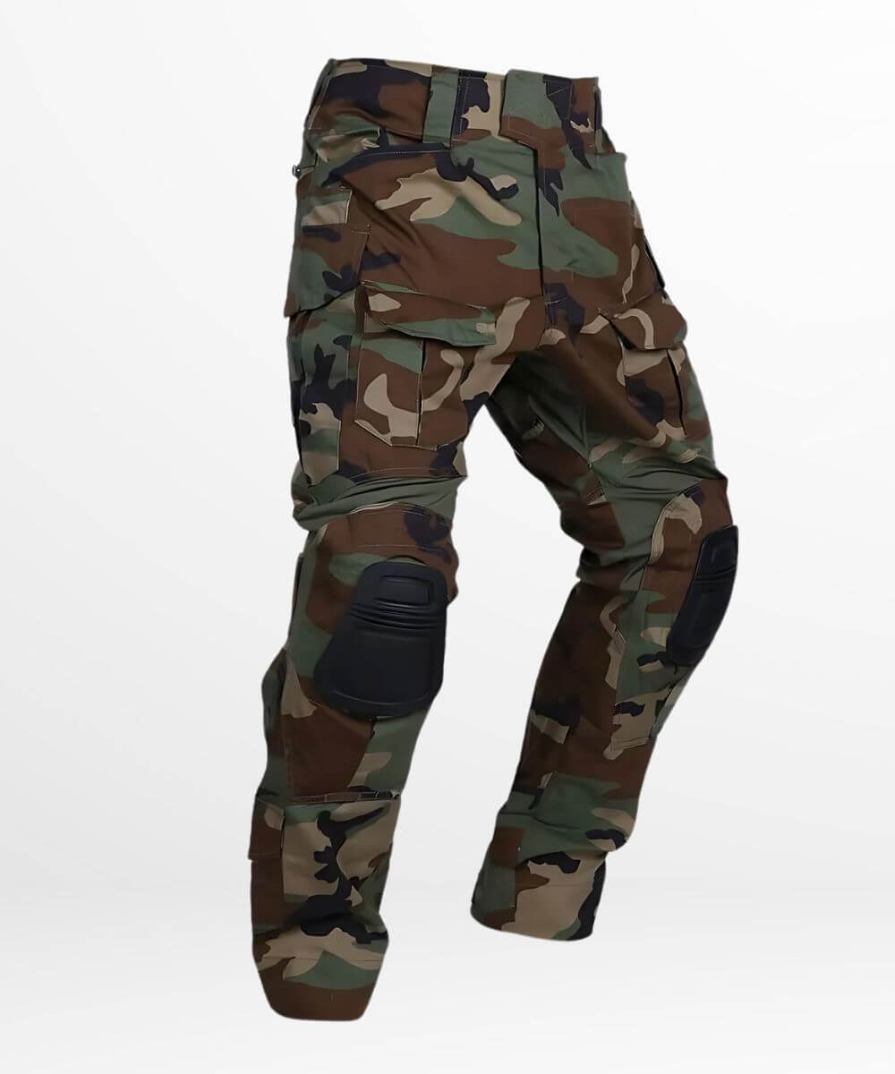 Side view of woodland camo combat pants showing knee pads and side pockets, perfect for combat readiness and outdoor durability.