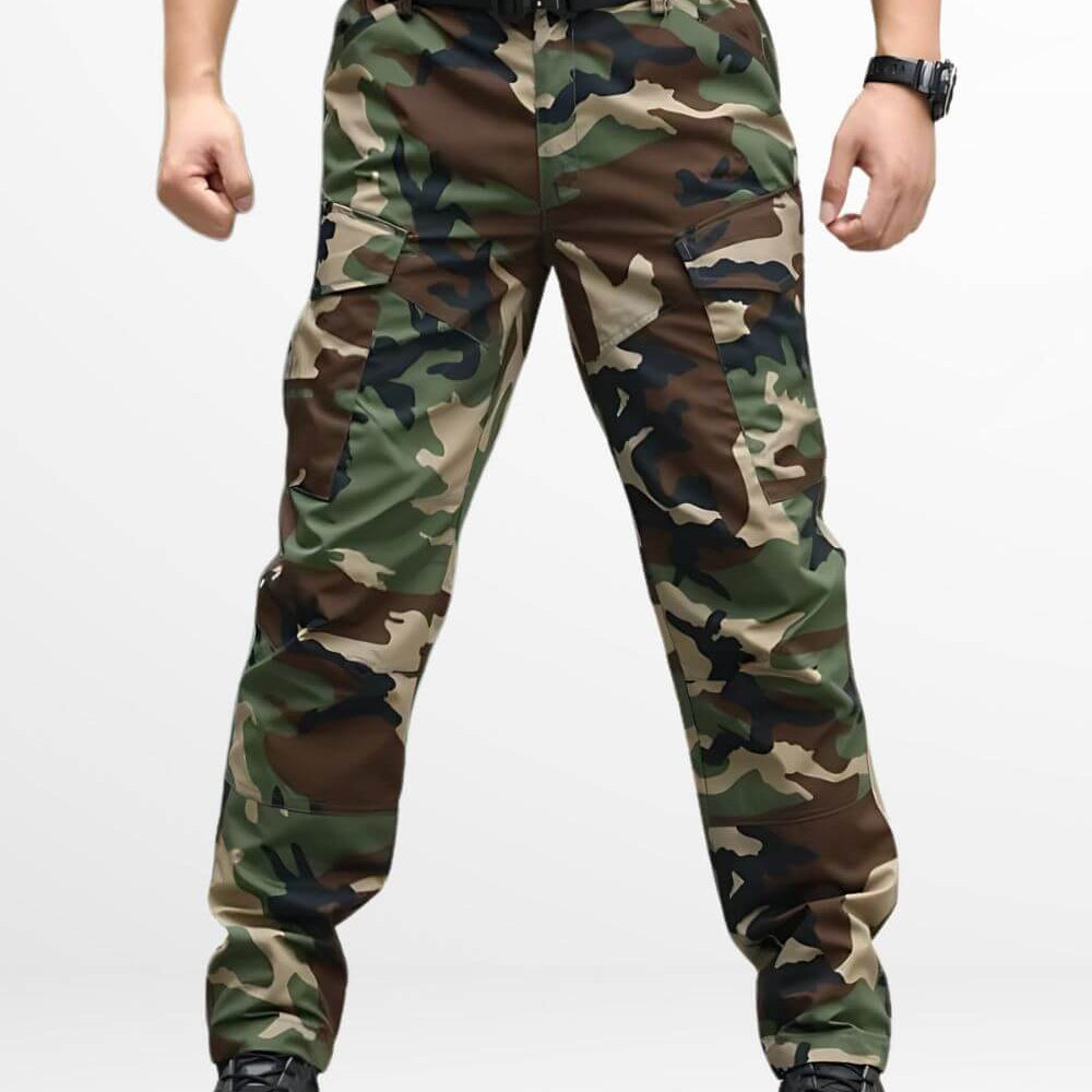 Full front view of woodland camo military cargo pants worn with a tactical belt and black combat boots, ready for outdoor activities.